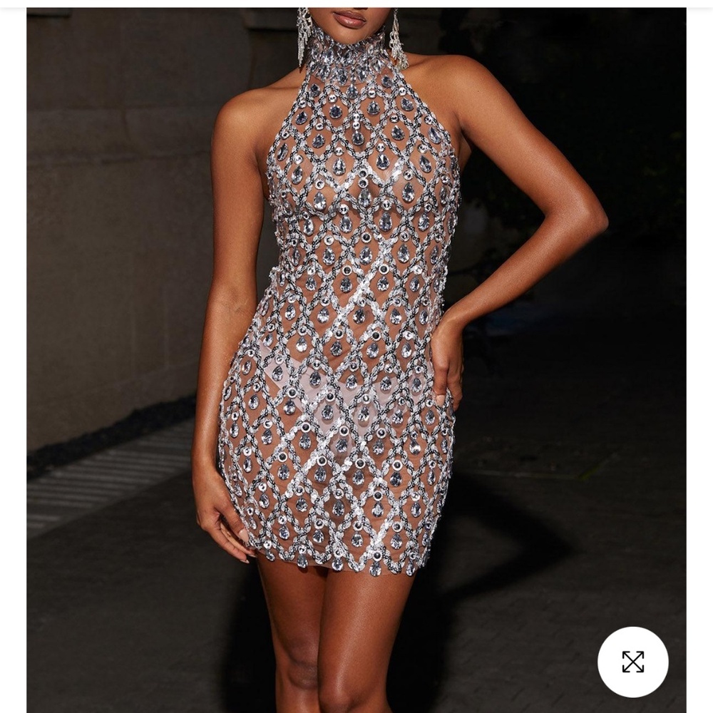 Mew Mews Liora Sequin Crystal Mini Dress In Dark Nude